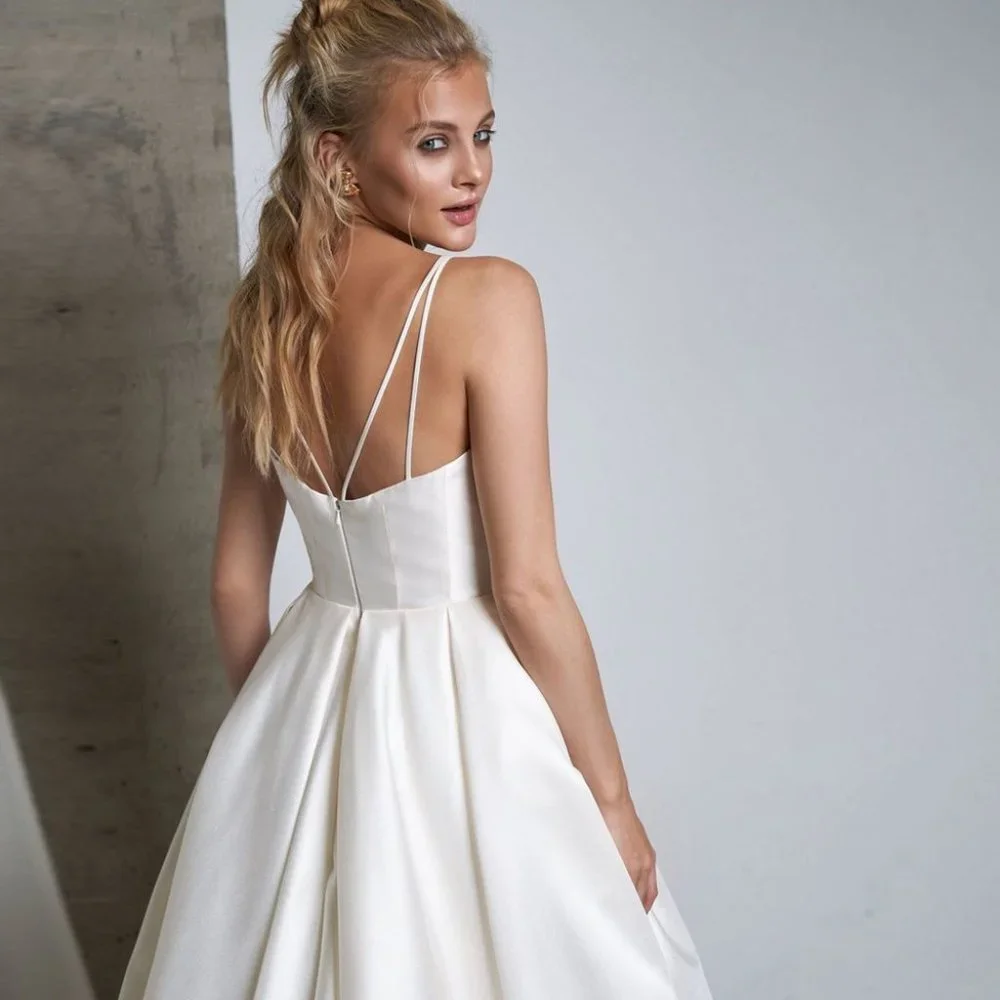 Fashion Satin Wedding Dress 2022 Custom Size Sexy Spaghetti Straps Ruched Pleats - Picture 6 of 6